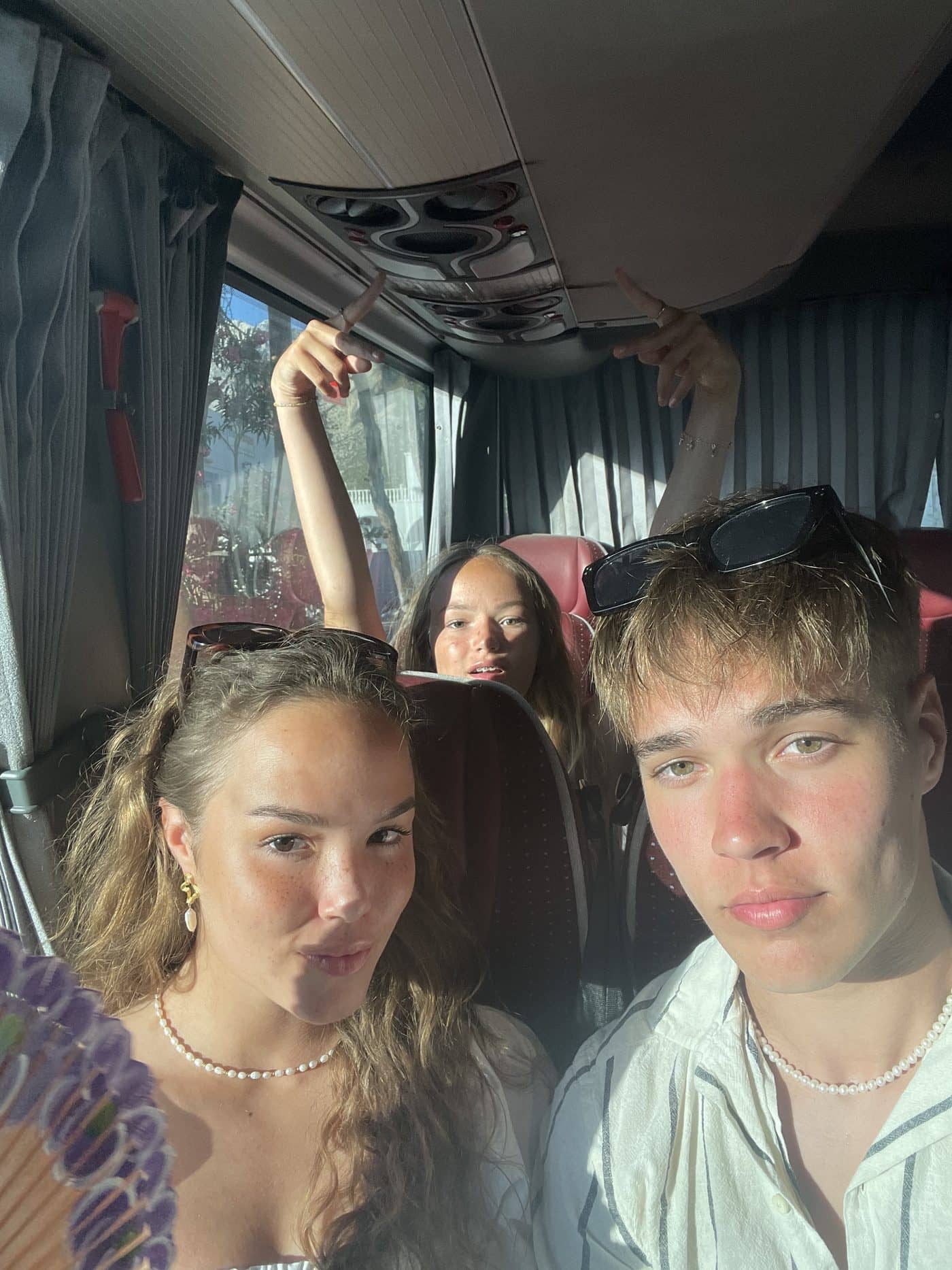 Lucas with friends on a bus in Kalymnos